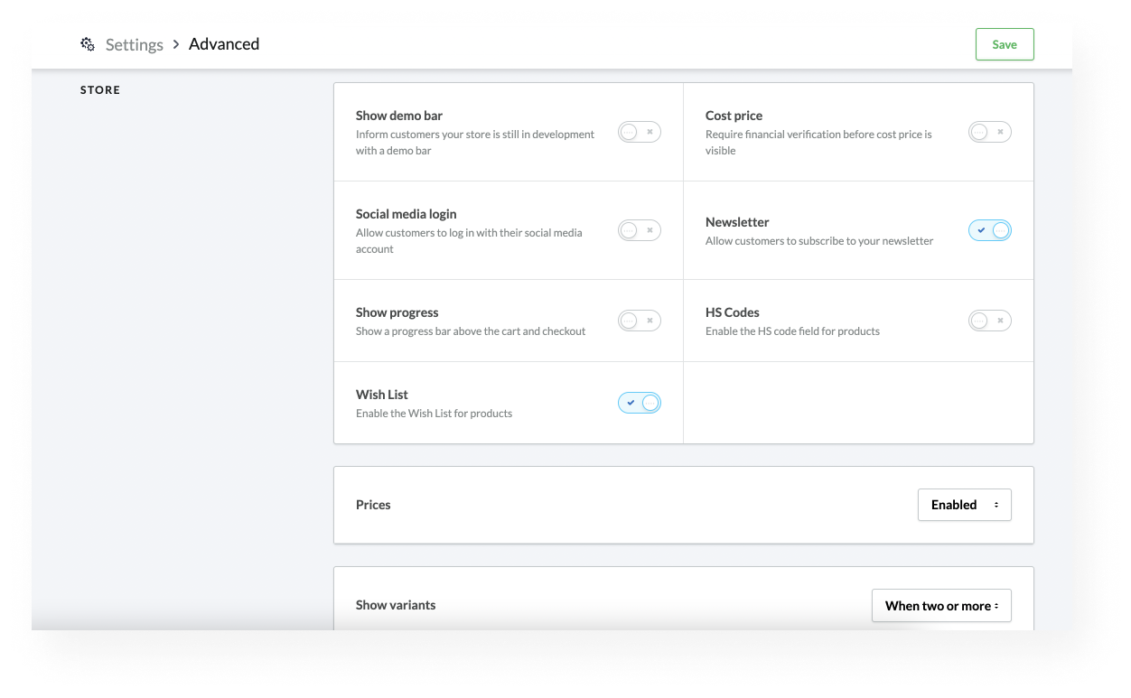 Advanced settings page.