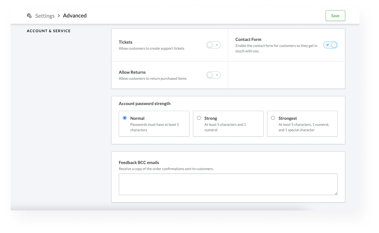 Advanced settings page.