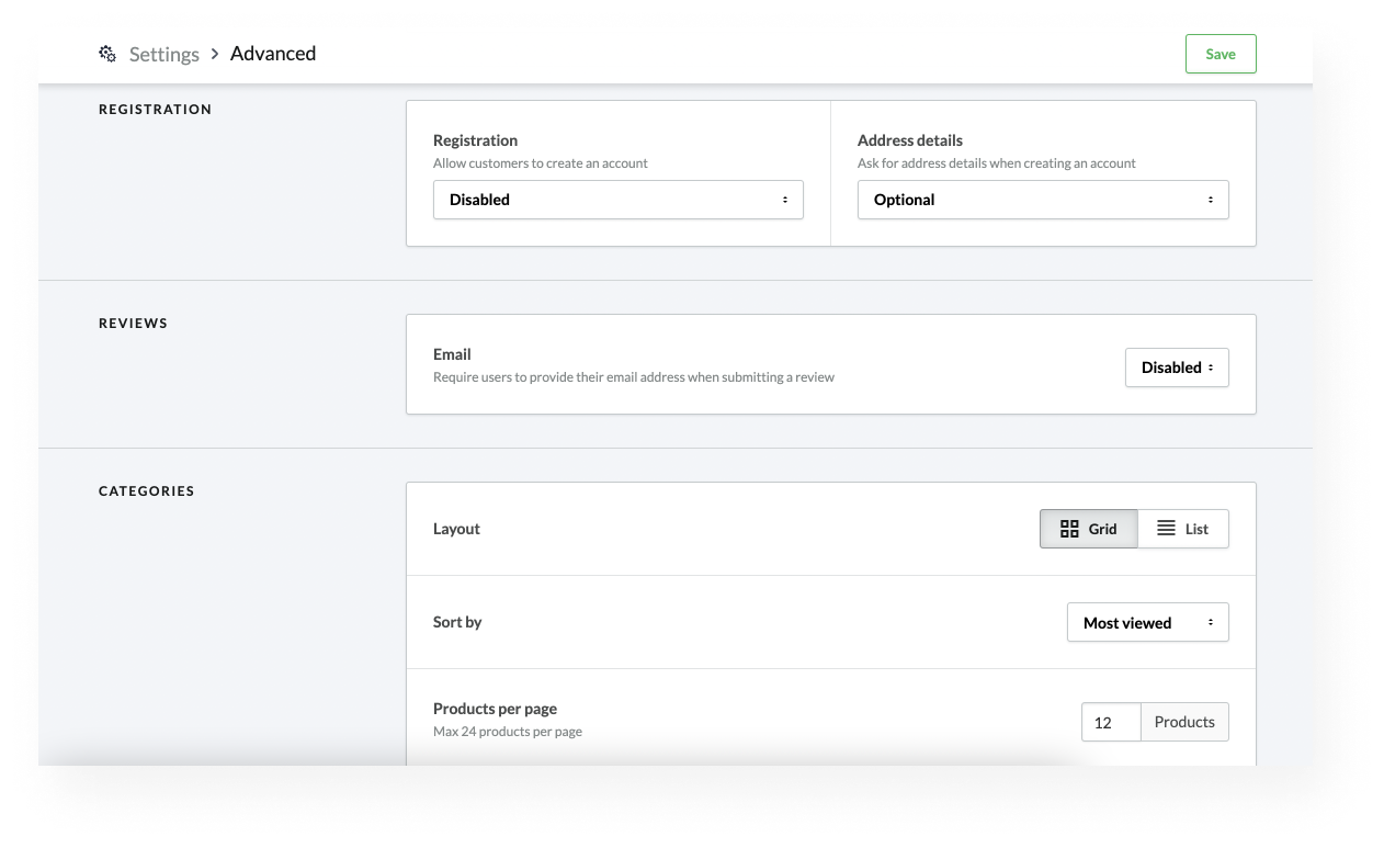 Advanced settings page.
