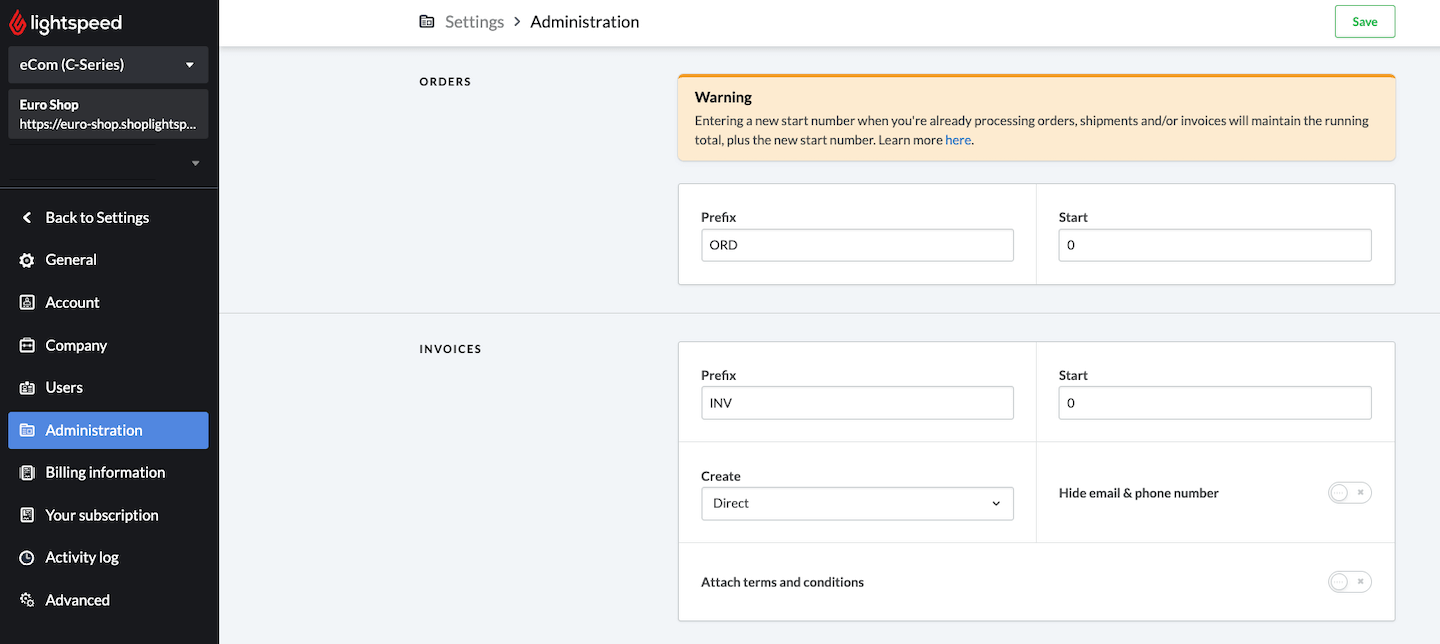 La section Factures de la page Administration est visible.