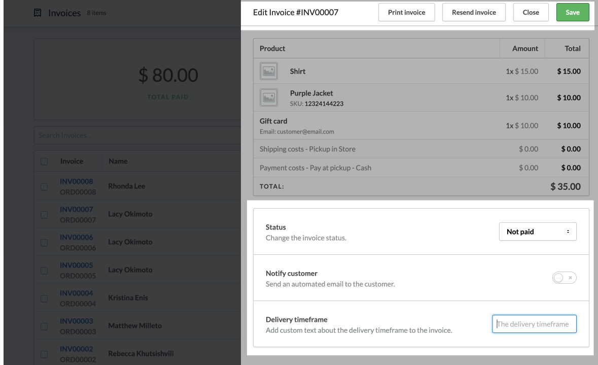 Het venster Facturen bewerken met de factuuropties uitgelicht.