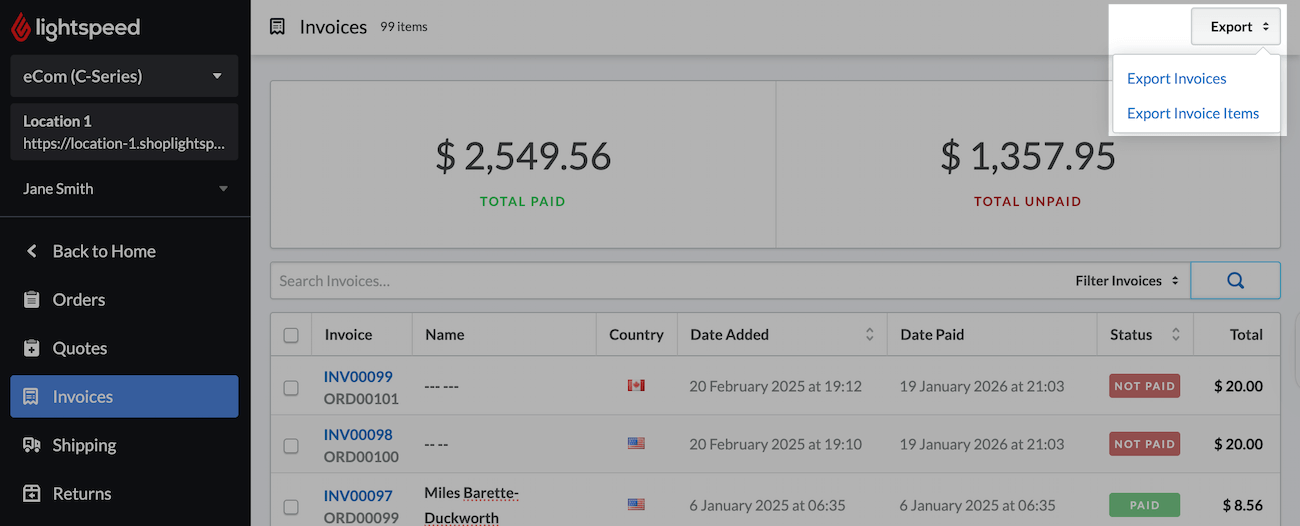  Invoices page with the Export button highlighted, displaying Export Invoices and Export Invoice Items options.