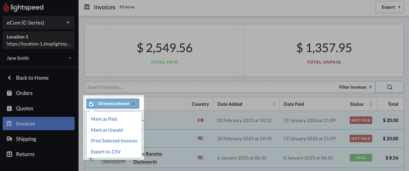 Invoices page with bulk action dropdown highlighted, displaying Export to .CSV option.