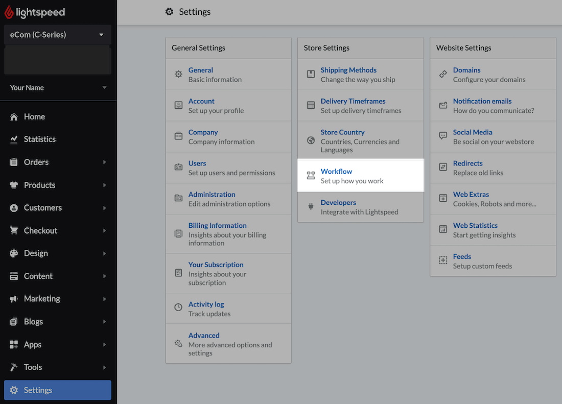 De pagina Instellingen met Workflow uitgelicht.