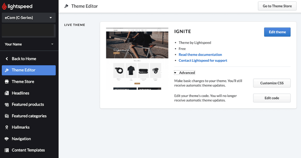 Pagina Thema editor met opties voor Geavanceerd uitgelicht, waaronder Code bewerken.
