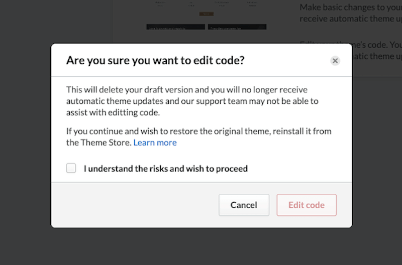 Fenêtre d’avertissement présentant les boutons Annuler et Modifier le code.
