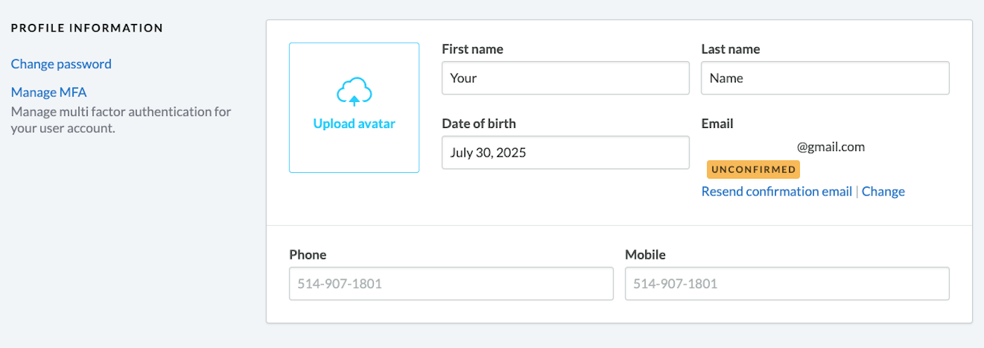 Profile information section showing Unconfirmed status next to email.