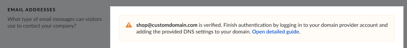 Email addresses section with note about email address has been verified, and the user can finish authentication by logging into their domain provider account.