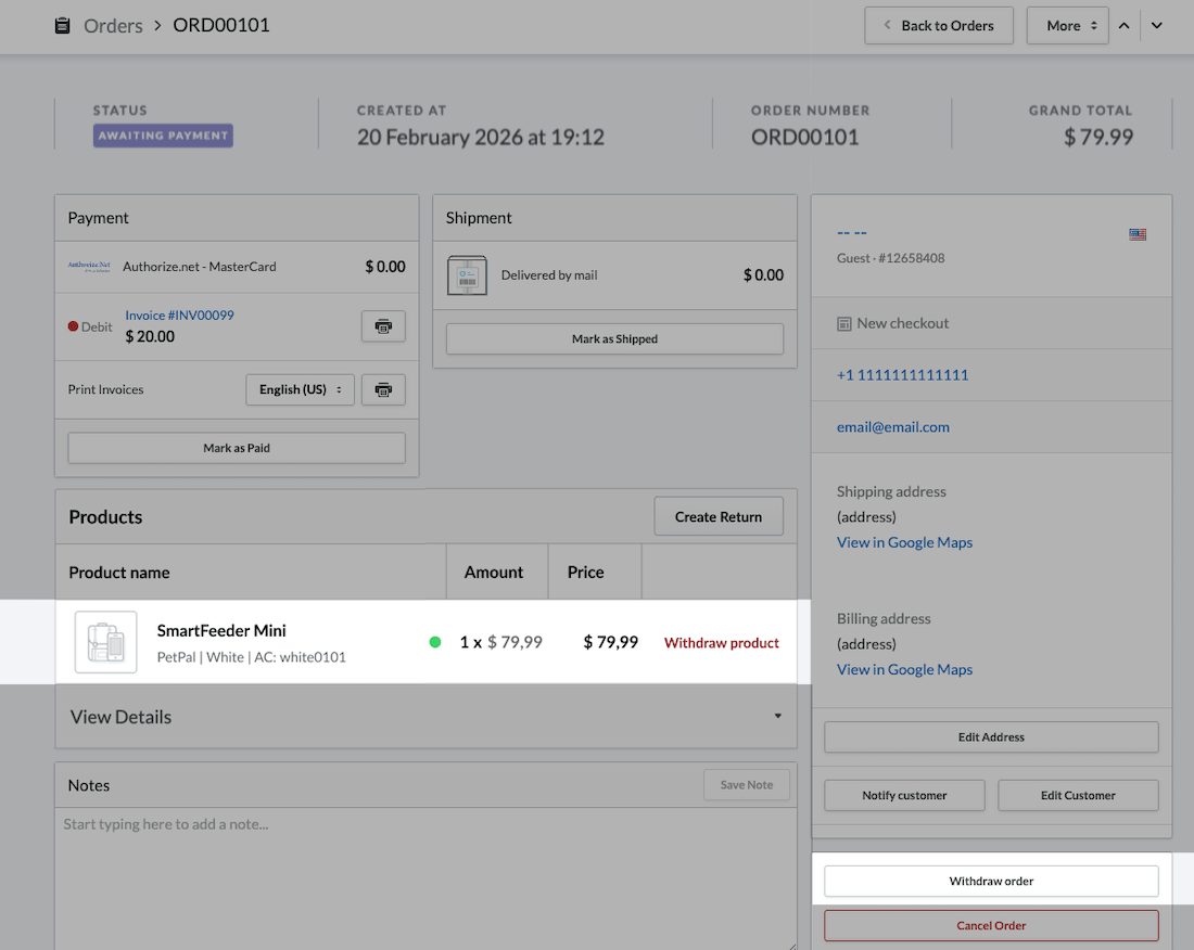 Order details page with Withdraw product and Withdraw order highlighted.