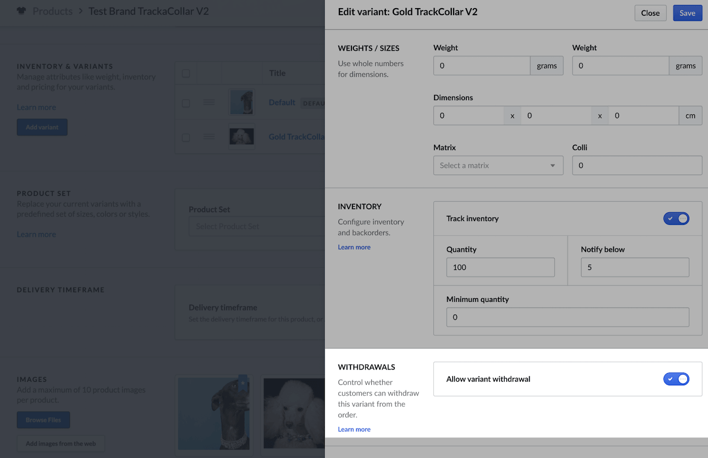Product details page with highlighted Withdrawals toggle.