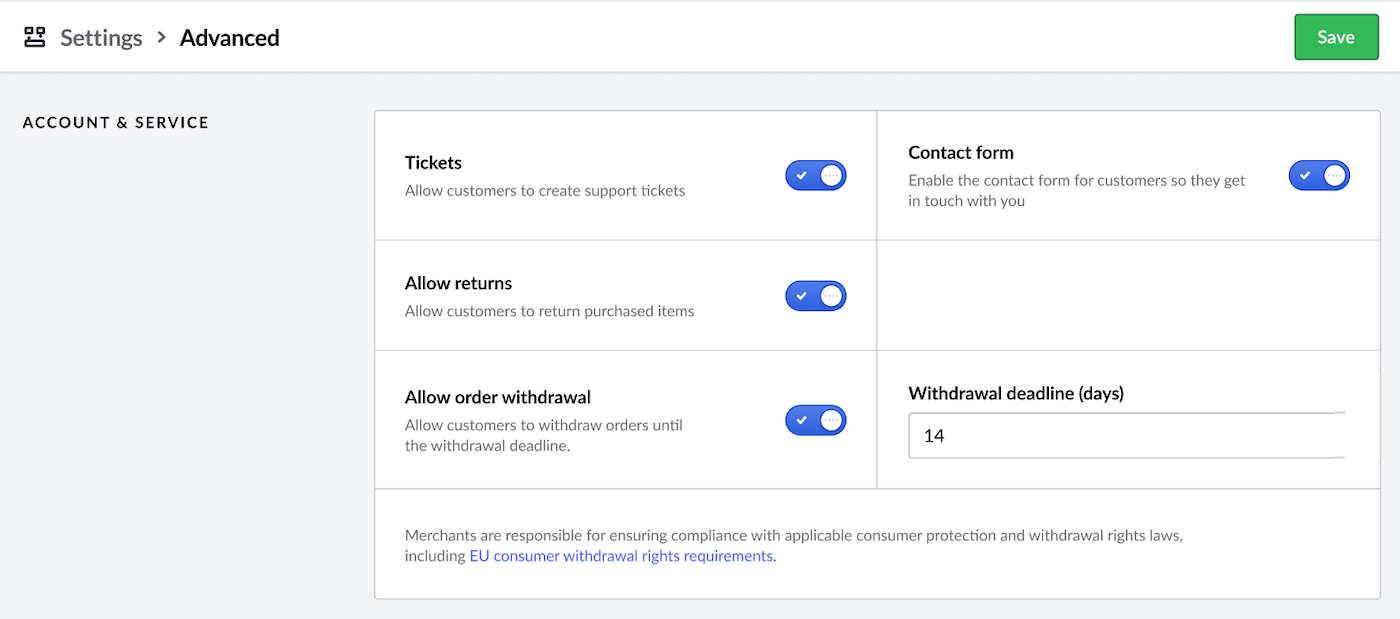 Advanced Settings page with Allow order withdrawal toggled on.