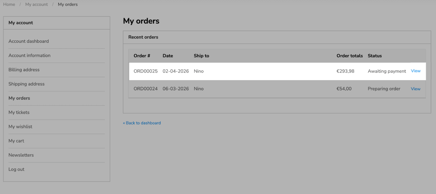 Customer account My orders page with highlighted order.