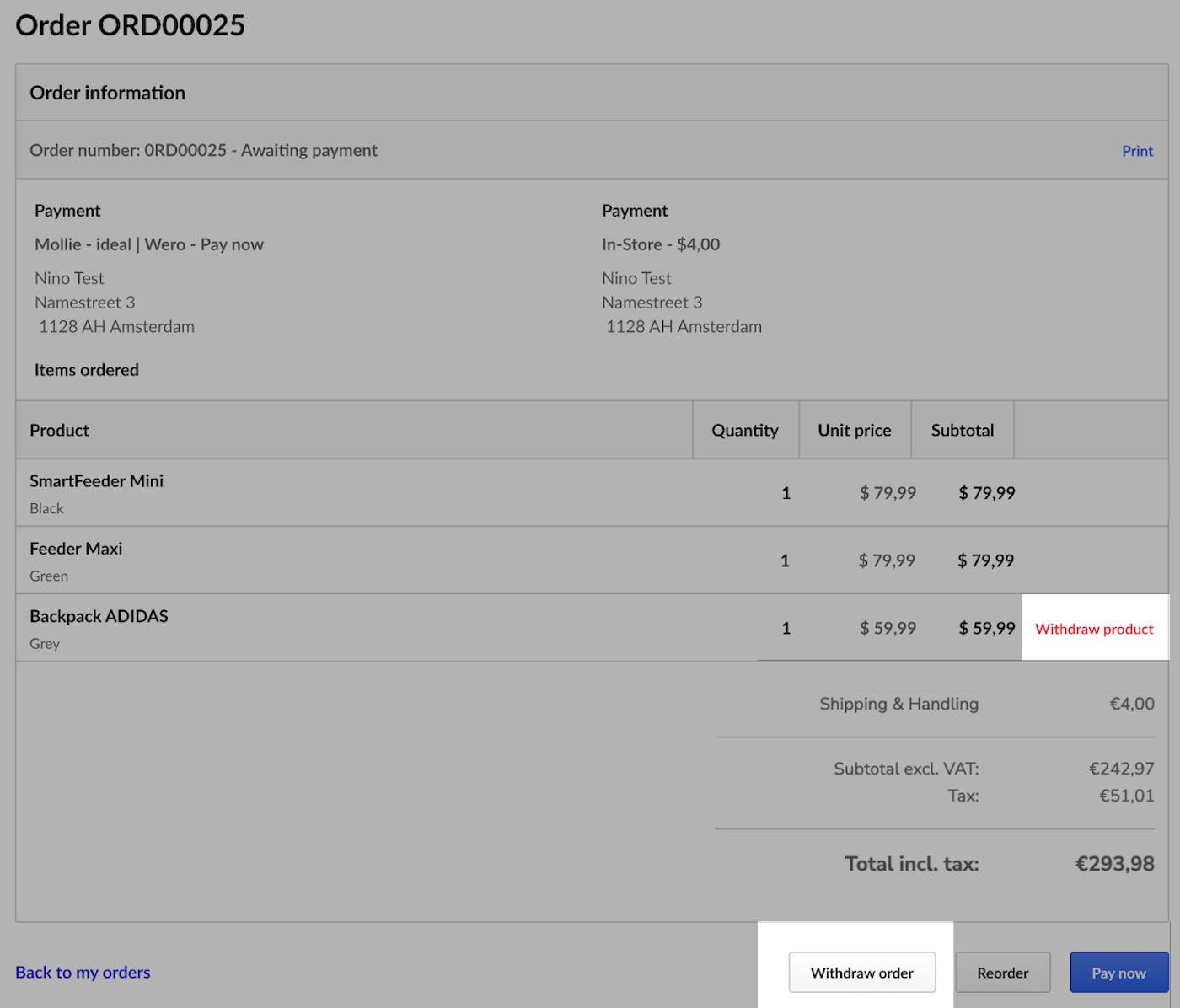 Order details page with Withdraw product and Withdraw order highlighted.