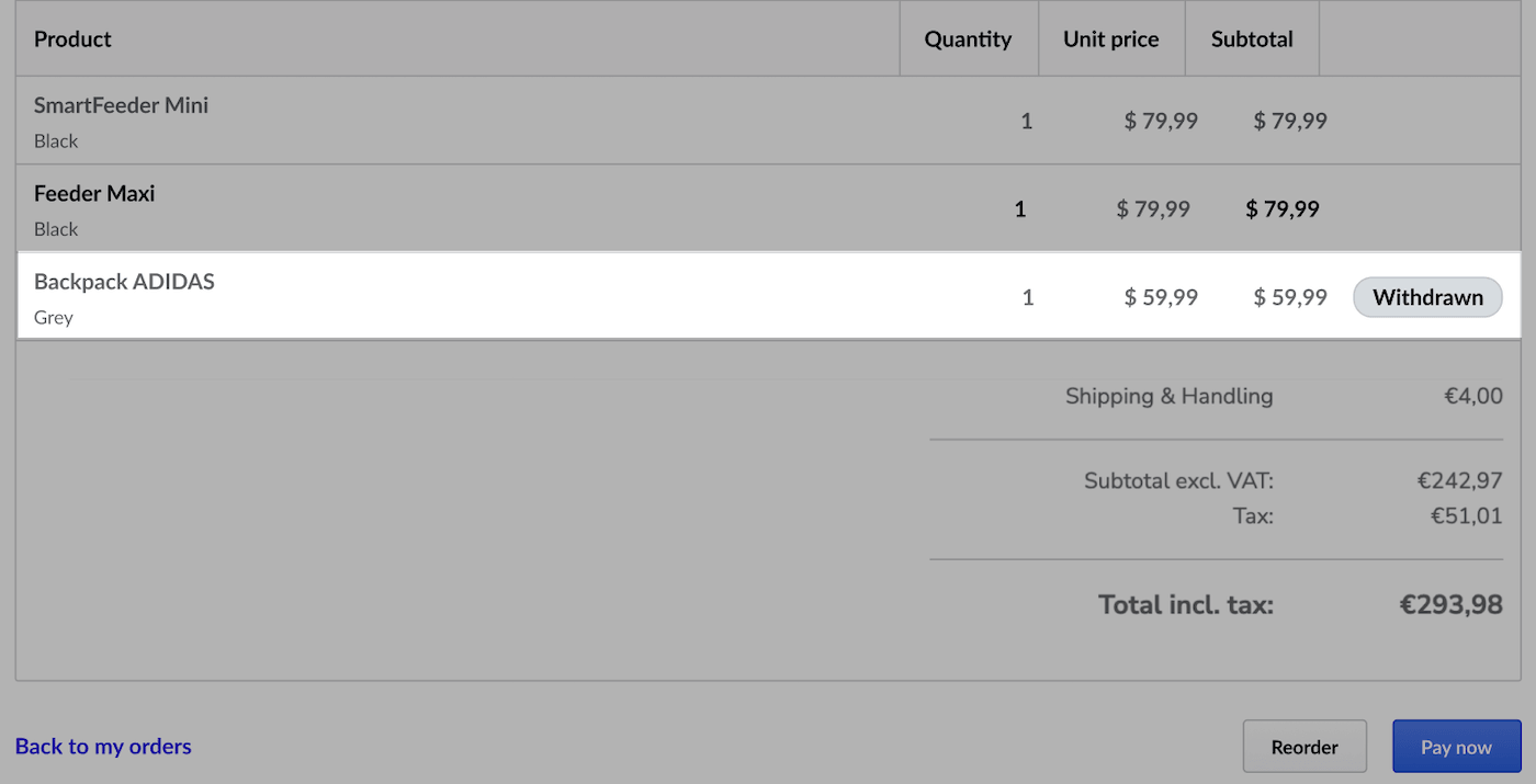 Order page with Withdrawn product line highlighted.