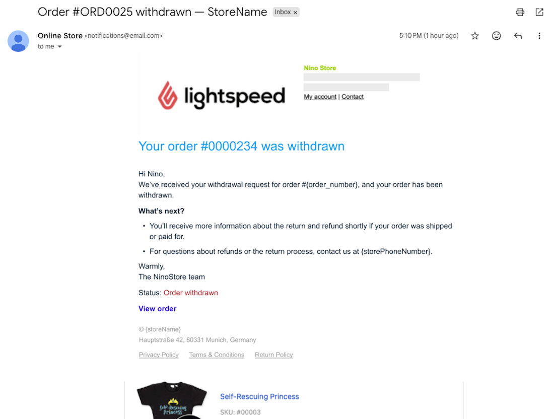 Example customer email for withdrawn order.