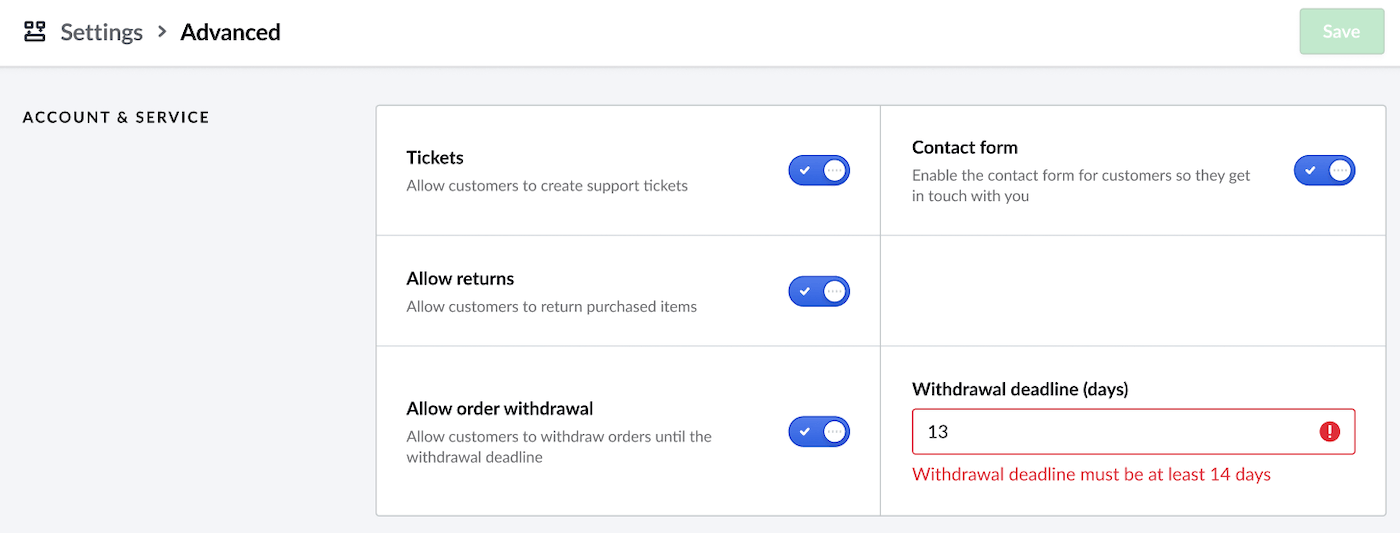 Advanced Settings page with Allow order withdrawal toggled on and Withdrawal deadline field active.