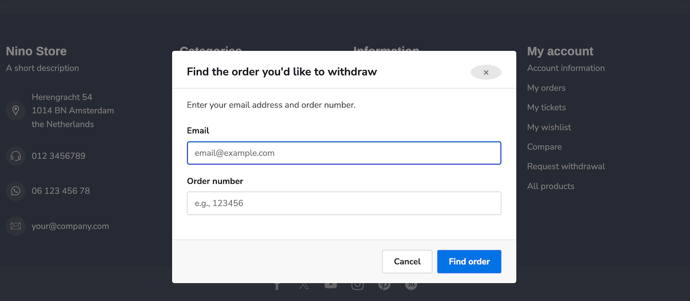 Website footer withdrawal form.