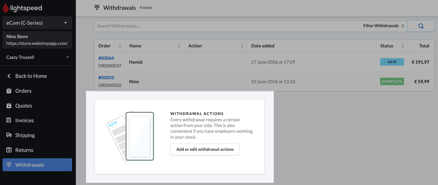 Page Commandes rétractées avec la fiche Ajouter ou modifier des actions de rétractation mise en évidence.