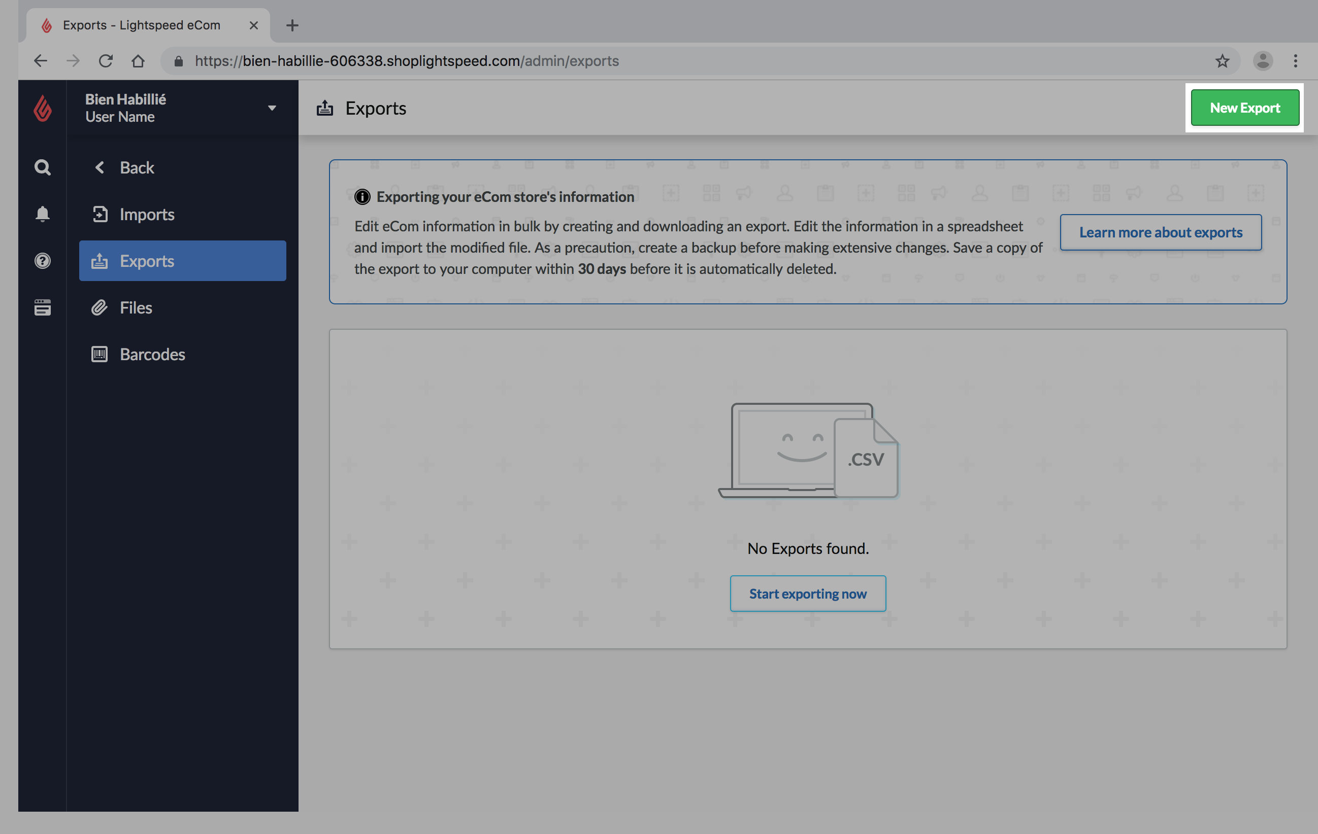 The Exports page highlighting the New Exports button.