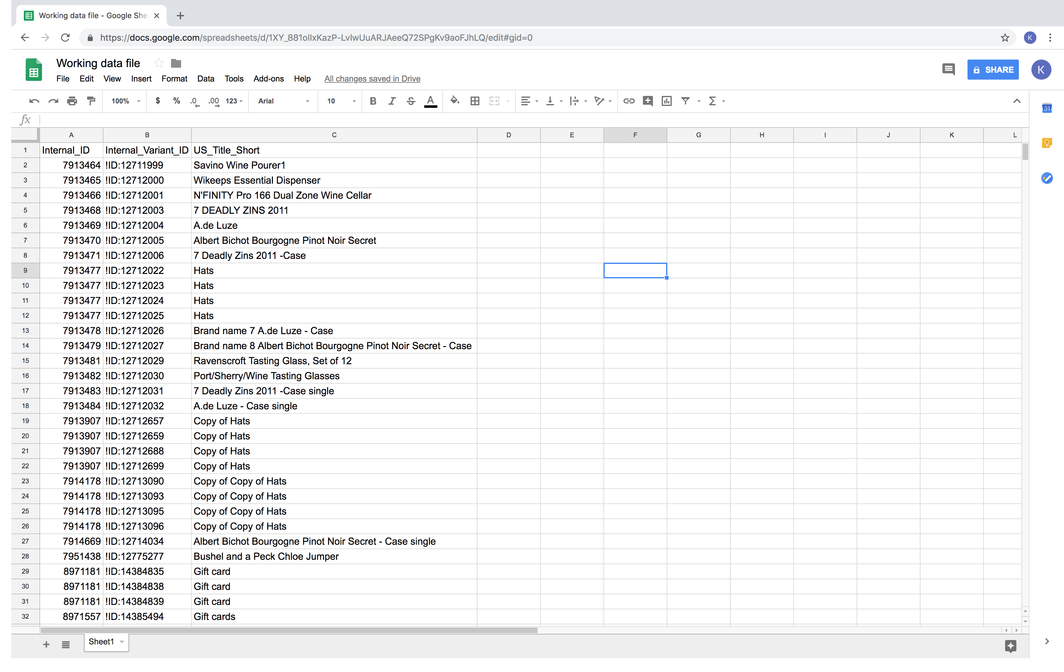 A data file spreadsheet with the Internal_ID, Internal_Variant_ID, and XX_Title_Short columns.