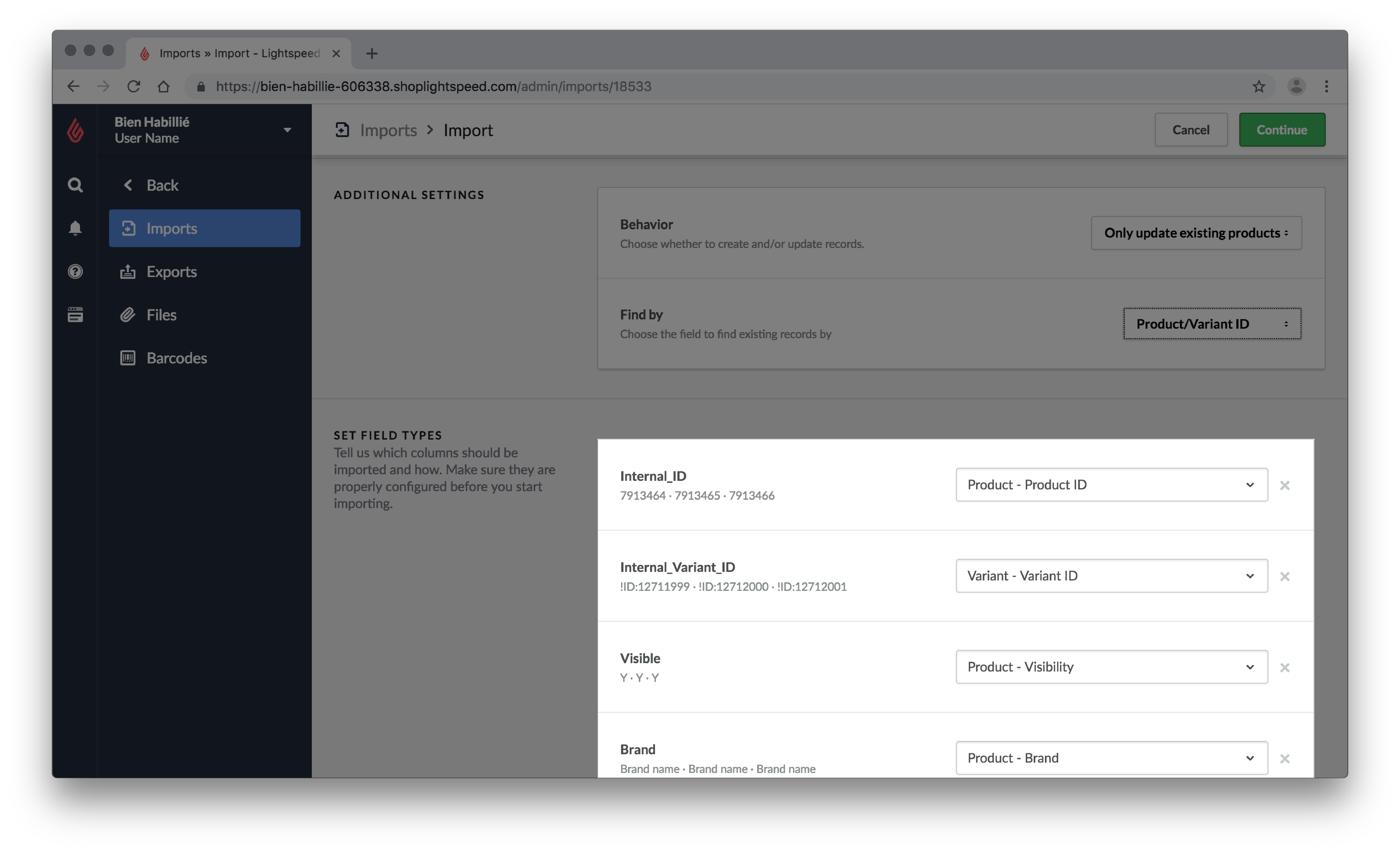 The Set field types dropdown menus.