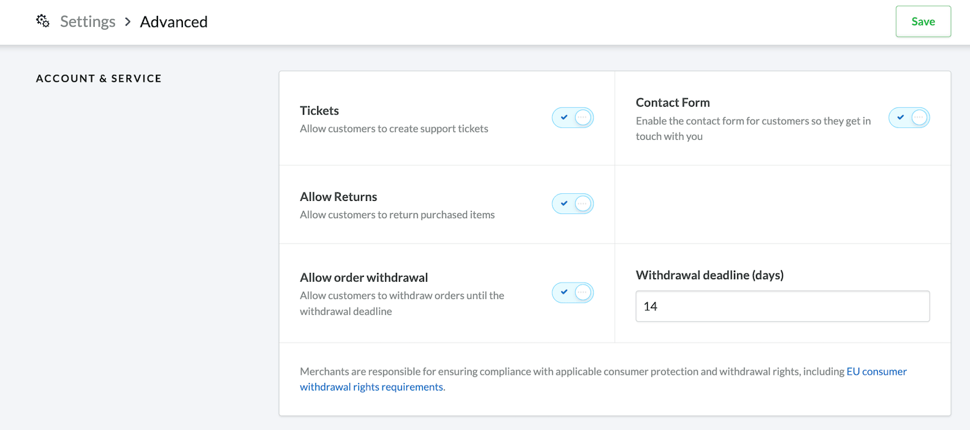 Advanced Settings page with Allow order withdrawal toggled on.