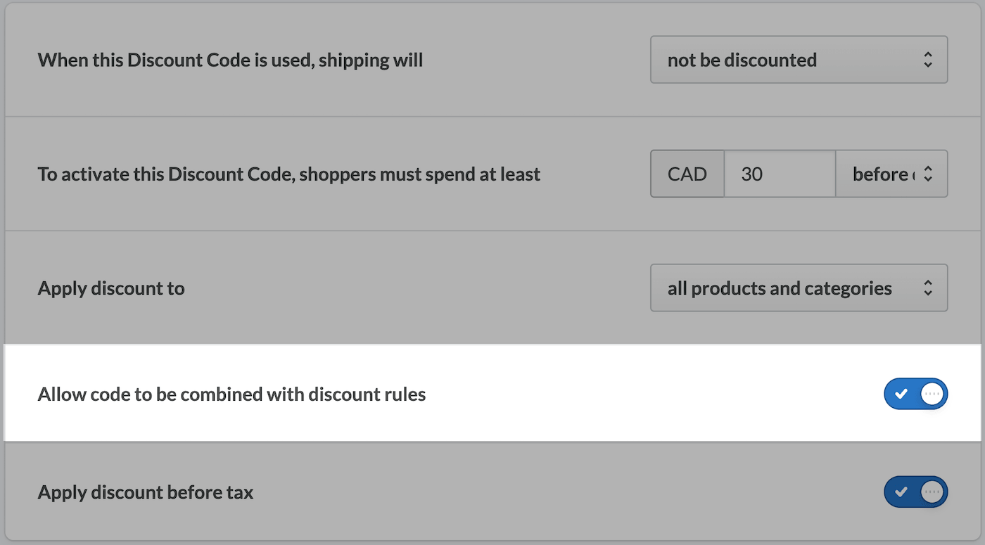 The Settings section highlighting the Allow code to be combined with discount rules toggle.