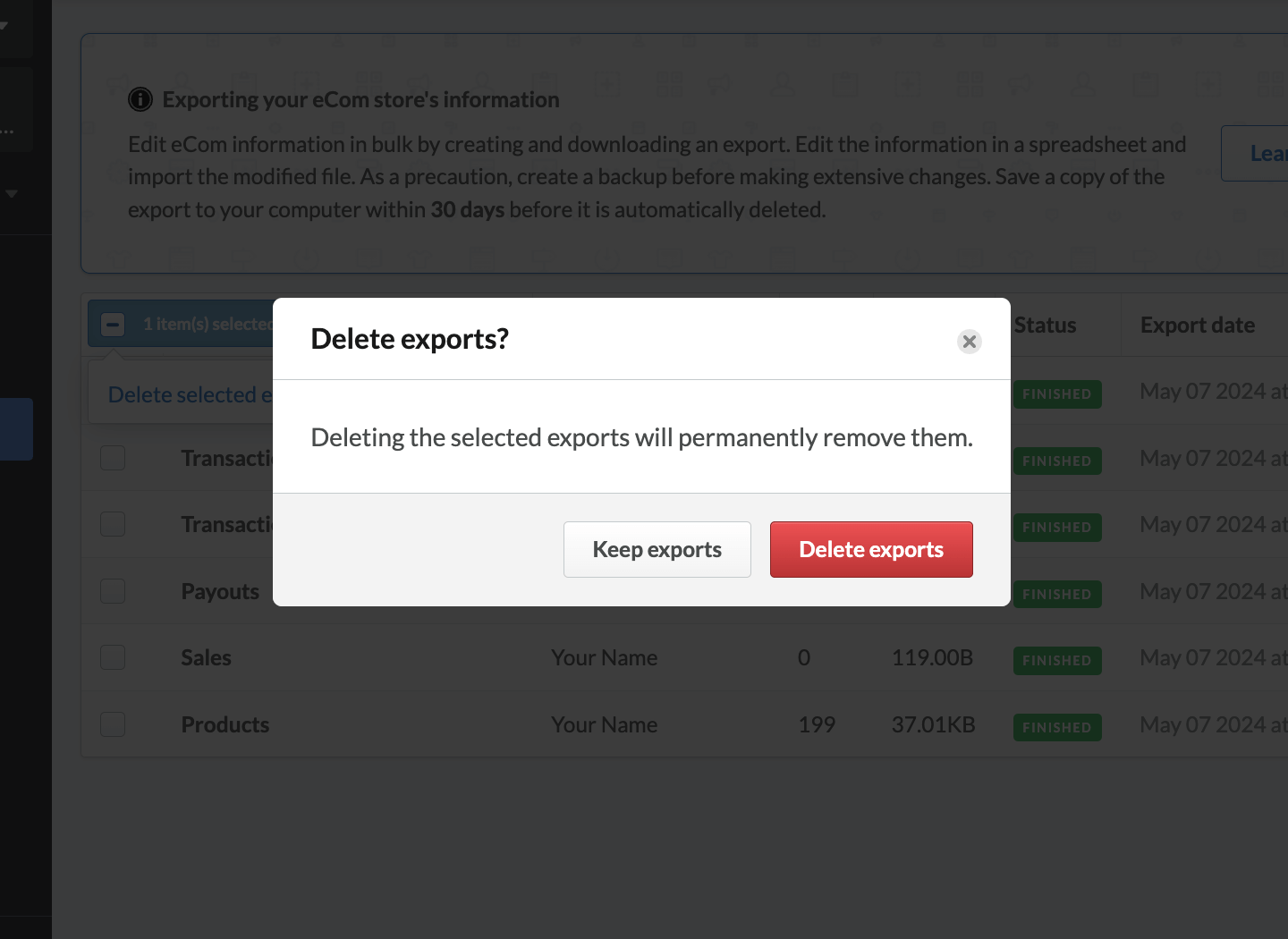 Pop-up ter bevestiging van verwijdering export.