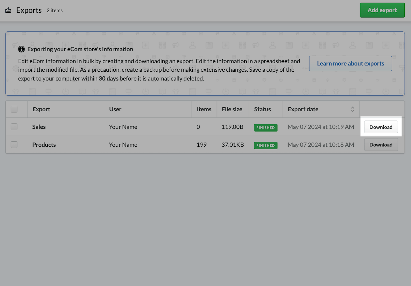 Pagina export met knop Downloaden benadrukt.