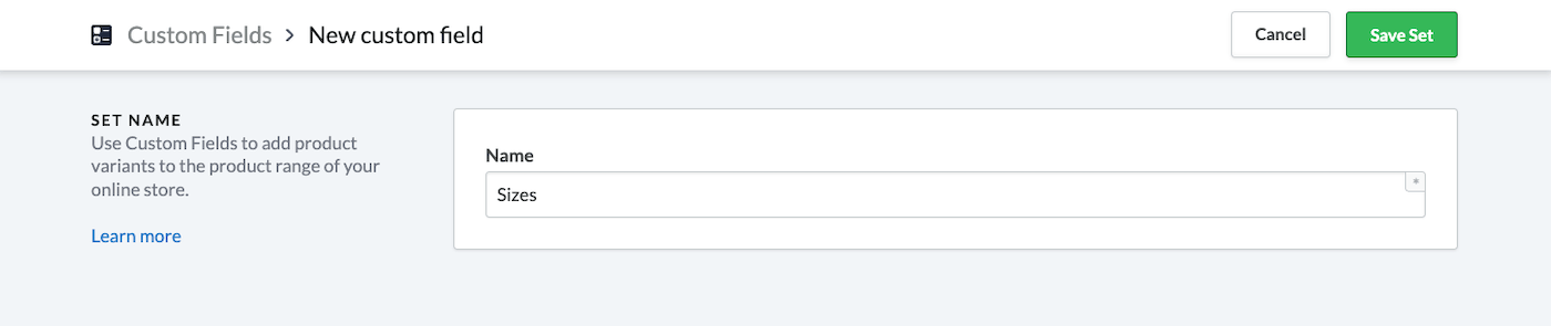 Nieuwe aangepaste veldpagina met het veld 'Setnaam'.