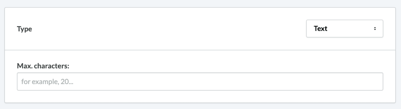 Dropdown 'Type' met de optie 'Tekst' geselecteerd en het veld 'Max tekens' zichtbaar.
