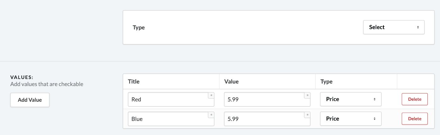 Dropdown 'Type' met 'Select' gekozen en 'waarden' zichtbaar.