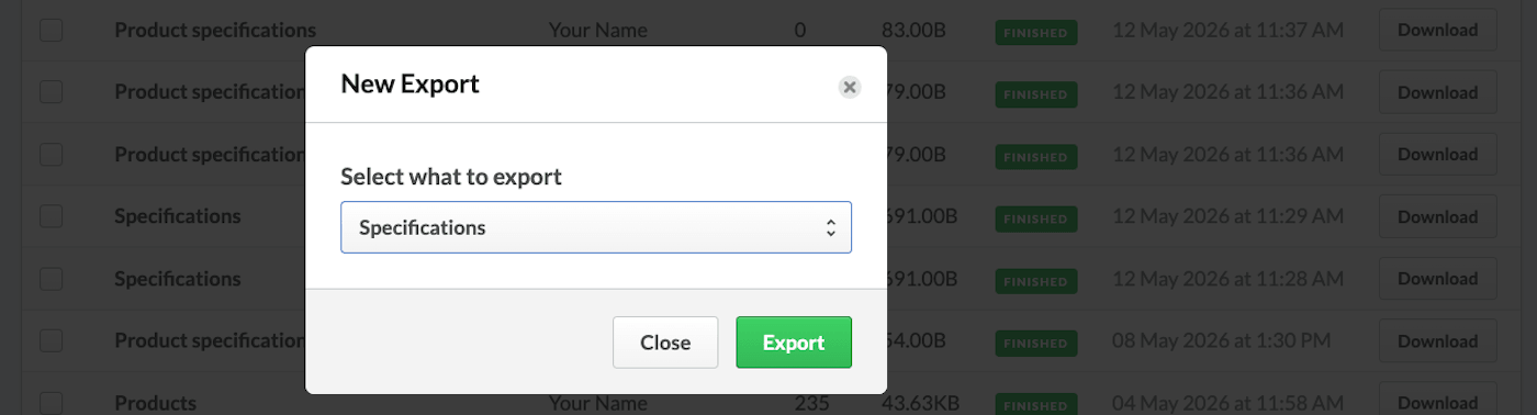 Neues Export-Pop-up mit Dropdown-Liste zur Auswahl des Exporttyps.