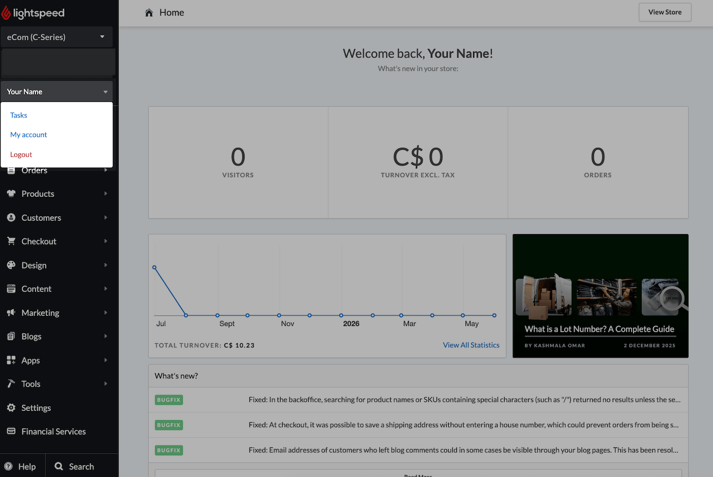 Startpagina van C-Series met gebruikersnaam en menuopties voor Taak, Mijn account en Uitloggen benadrukt.