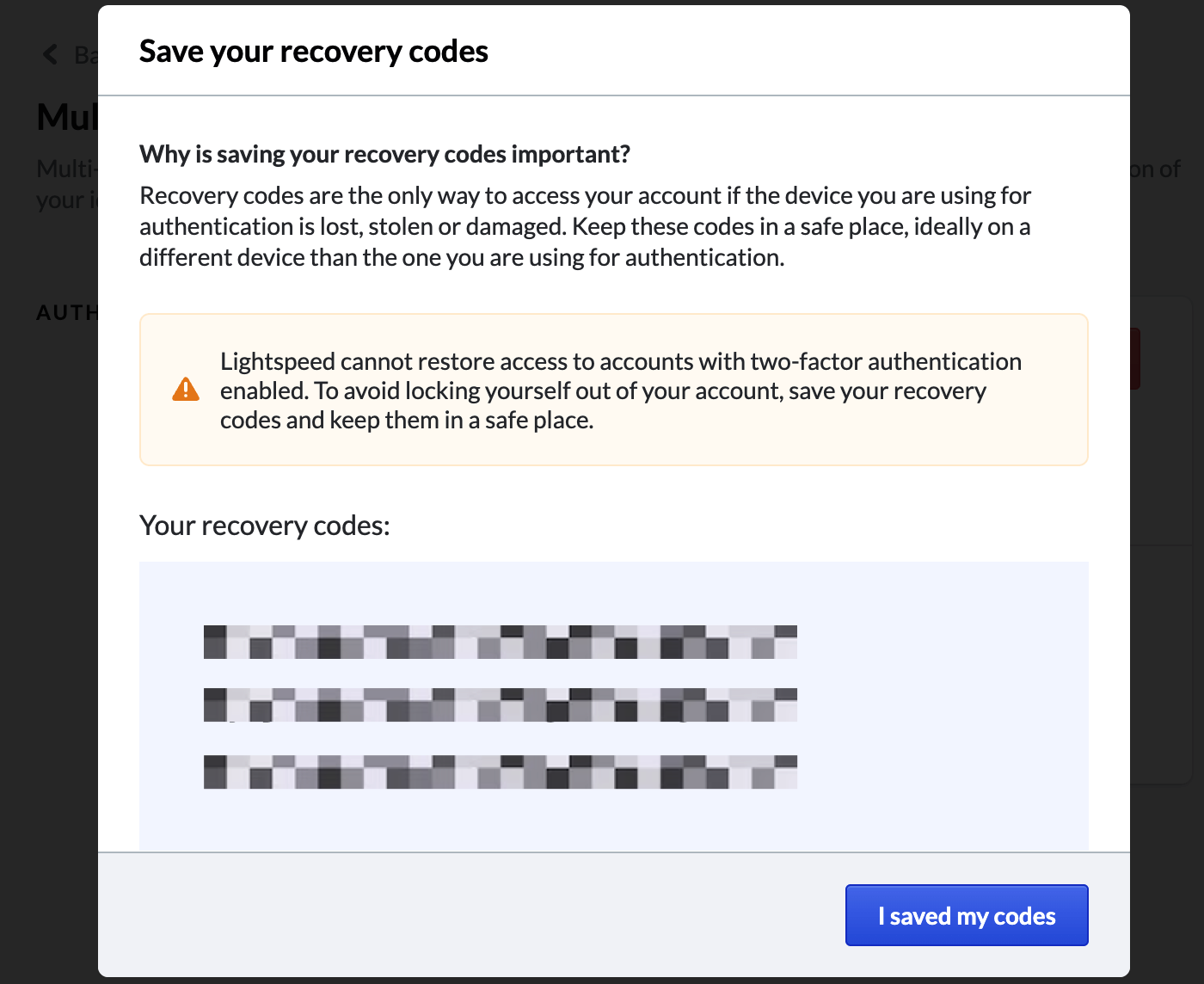 Pop-up voor het opslaan van je herstelcodes.