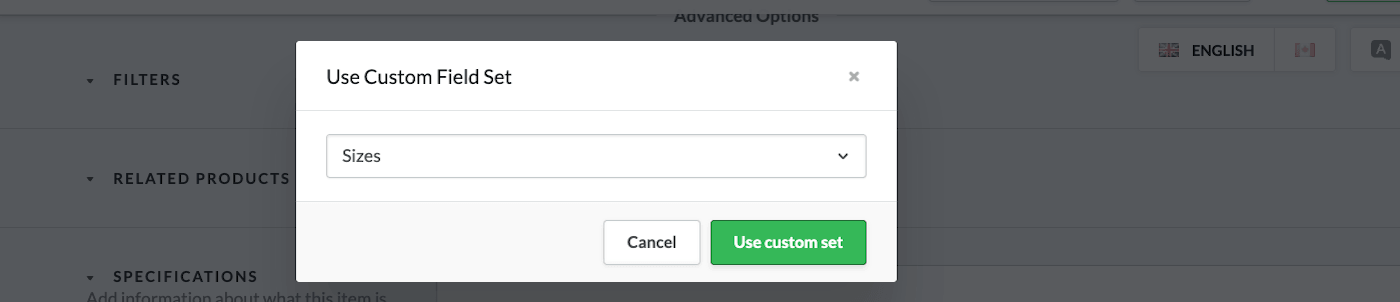 Le menu déroulant Utiliser le groupe de champs personnalisé. Les boutons Annuler et Utiliser le groupe de champs personnalisé sont affichés en dessous du menu déroulant.