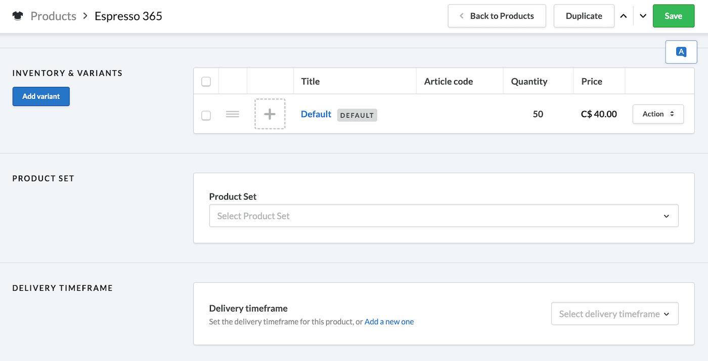 A product page showing the Inventory and Variants section with Default variant listed.