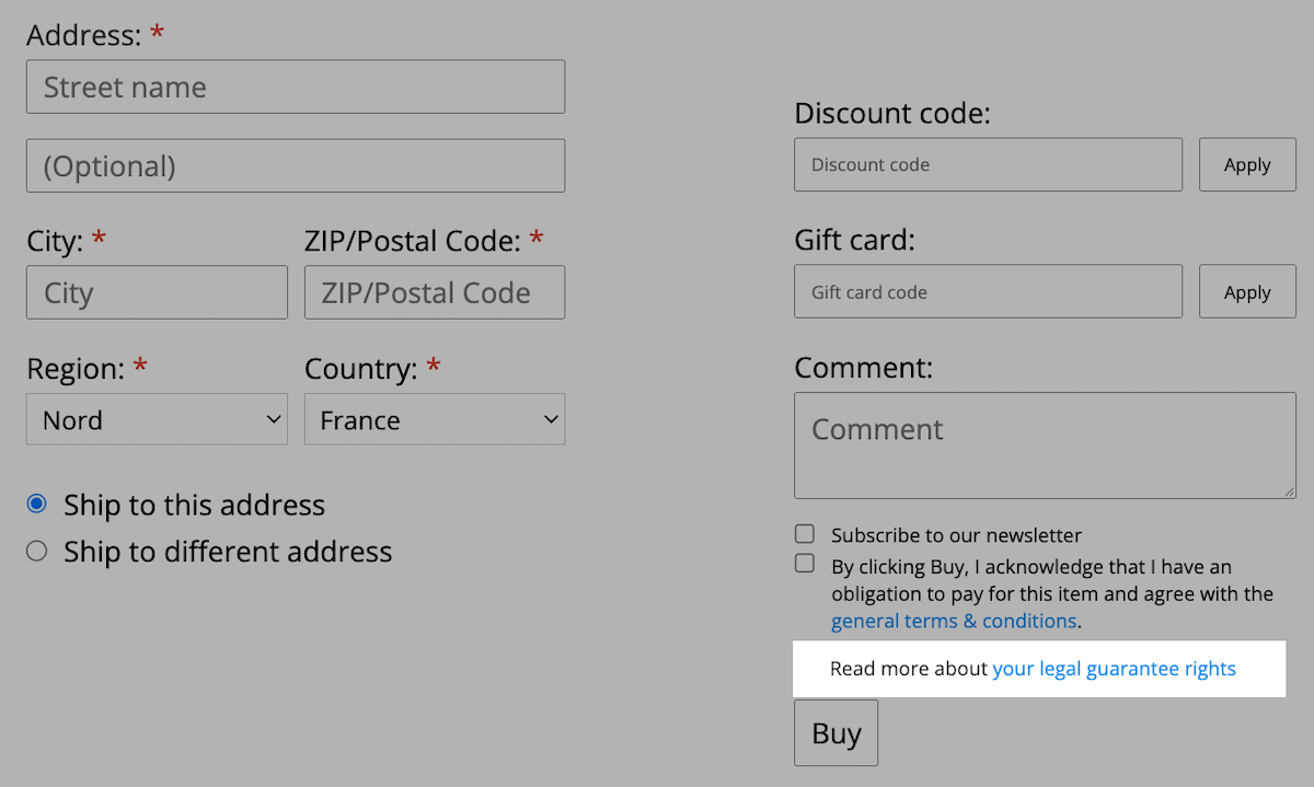 Checkout page with the legal guarantee rights link highlighted.