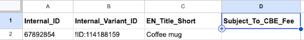 Spreadsheet columns with added CBE column.