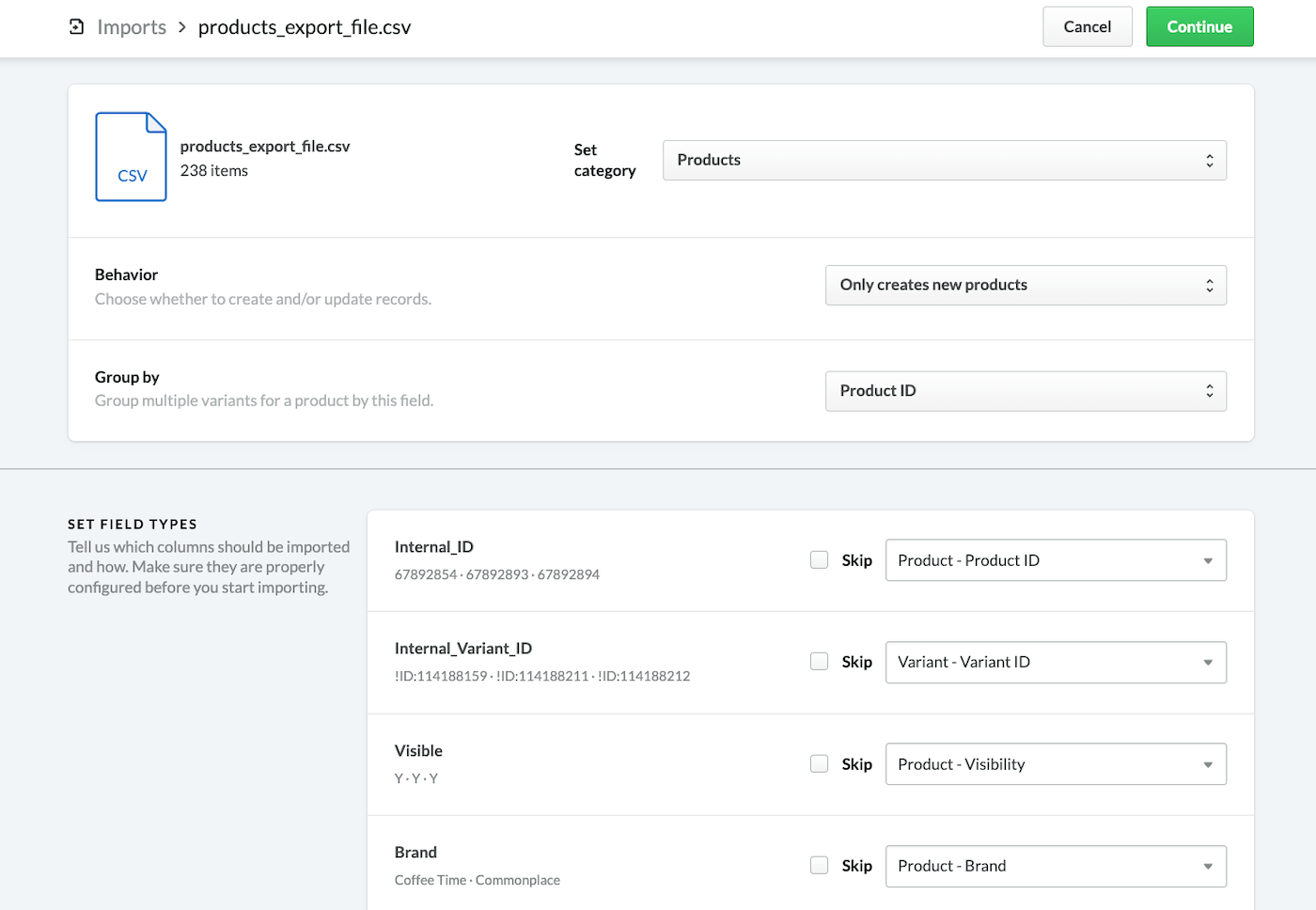 Imports page with column mapping details.