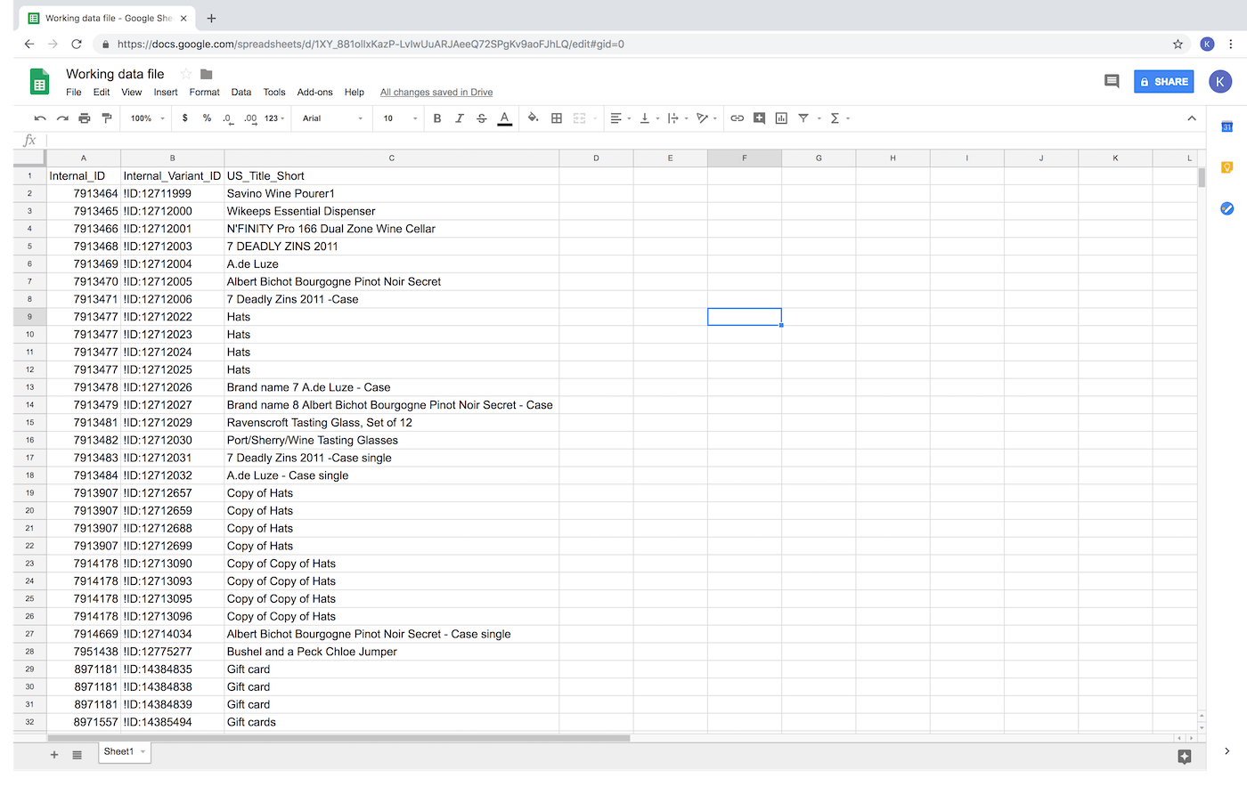 Spreadsheetbestand geplakt in Google Spreadsheets.