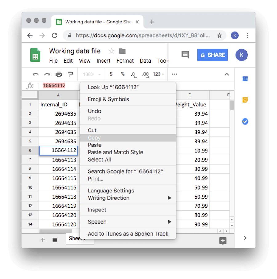 Kopiëren van het interne product-ID in het spreadsheet.