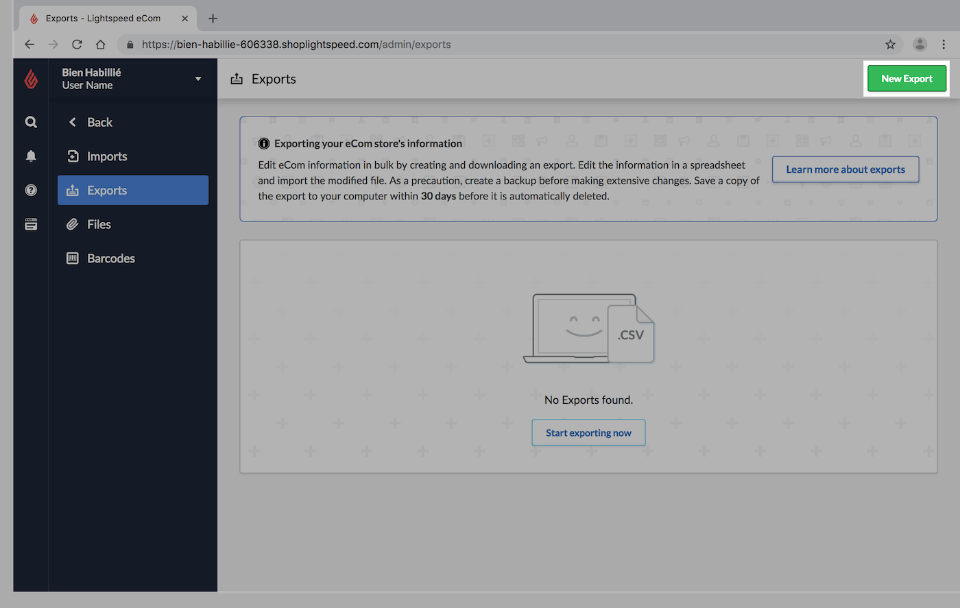 Page Exportations avec le bouton Nouvelle exportation mis en surbrillance.
