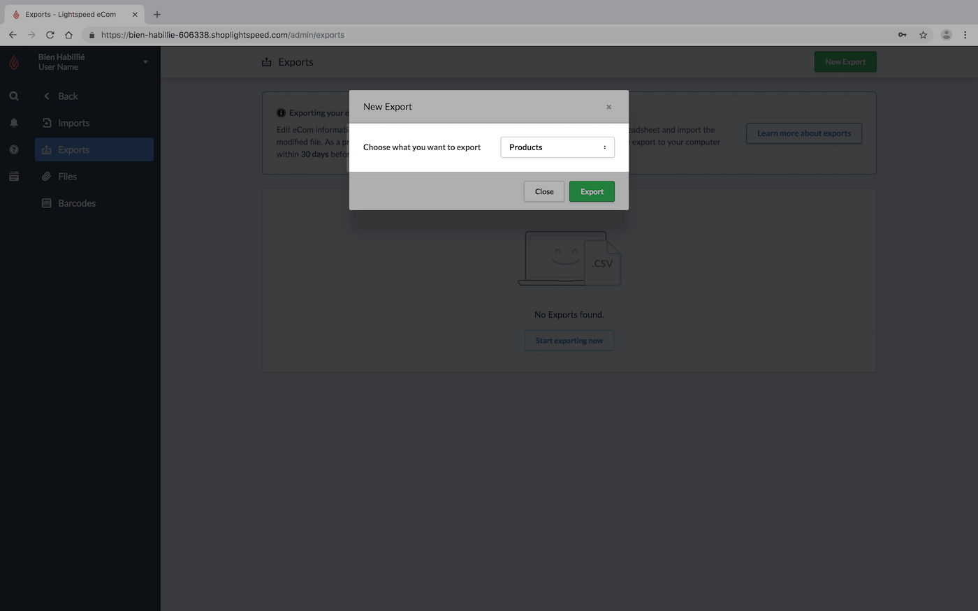 Produkte im Export-Dropdown ausgewählt.