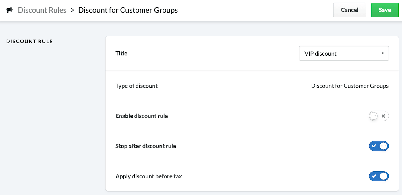 Discount rule section on the Discount Rules page.