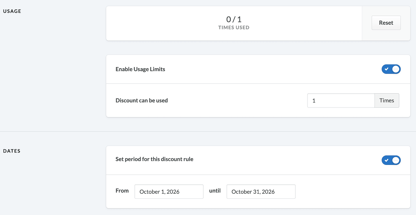 Usage and Dates sections.